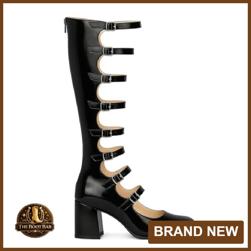 Knee High Chunky Heel Combat Boots with Buckles Back Zip Square Toe - Picture 7 of 8